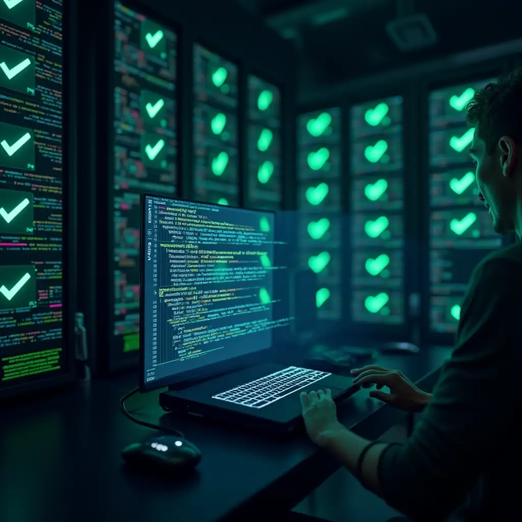 High-Tech Server Room with Holographic Debugging Interface