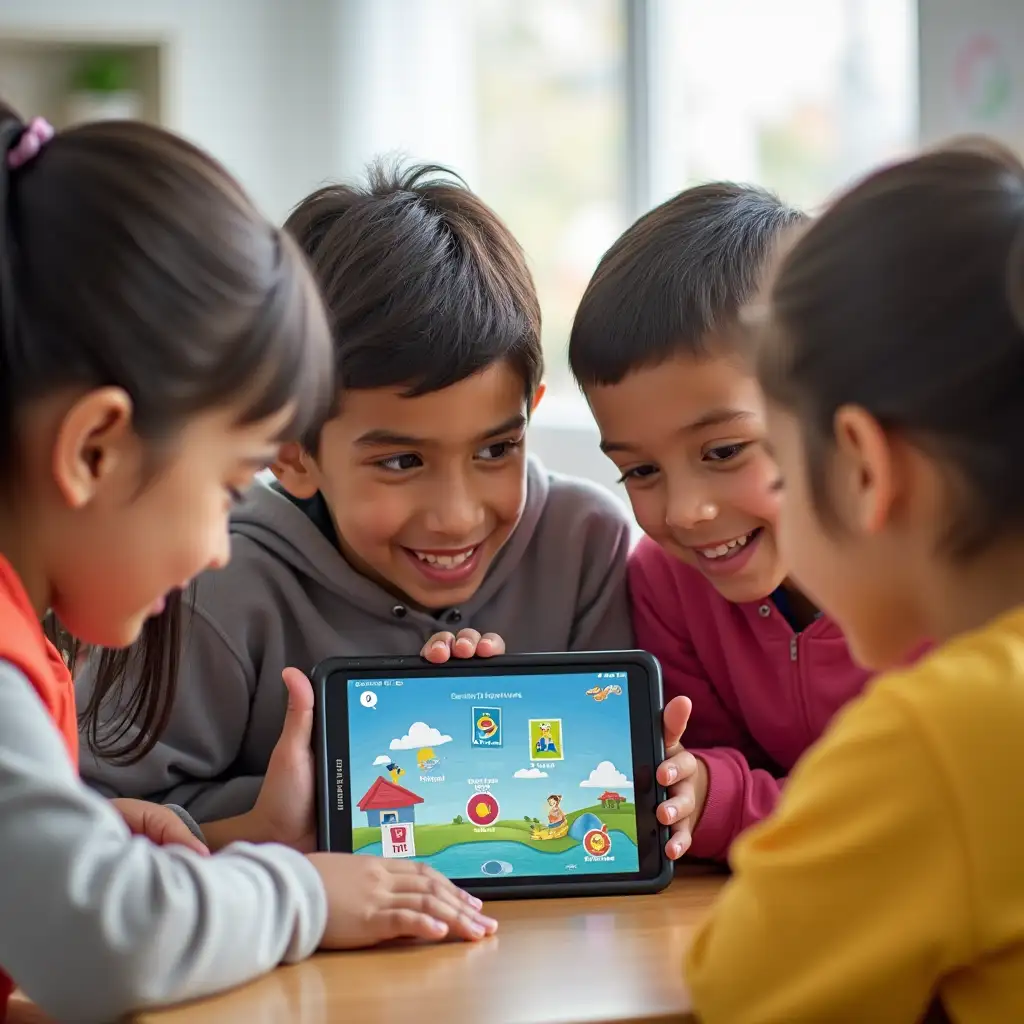 Educational Smartphone App on a Tablet Kids Grouped for Learning