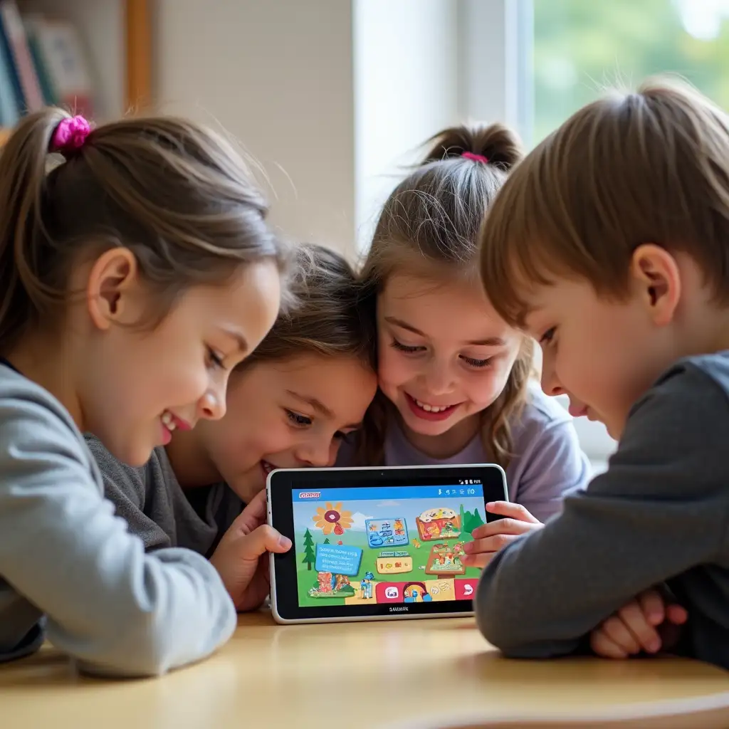 Educational Smartphone App on a Tablet Kids Grouped for Learning