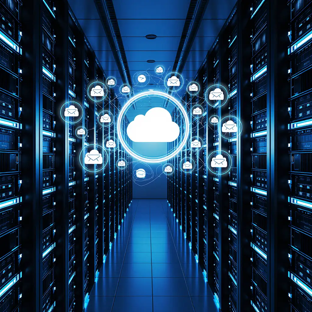 Sleek Server Room with Glowing Blue Lights