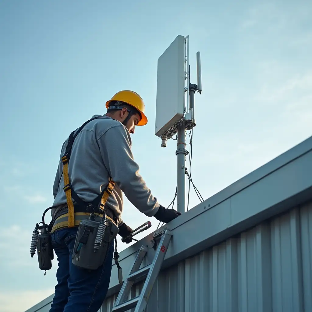 Technician Setting Up Long-Range Enterprise WiFi Antennas