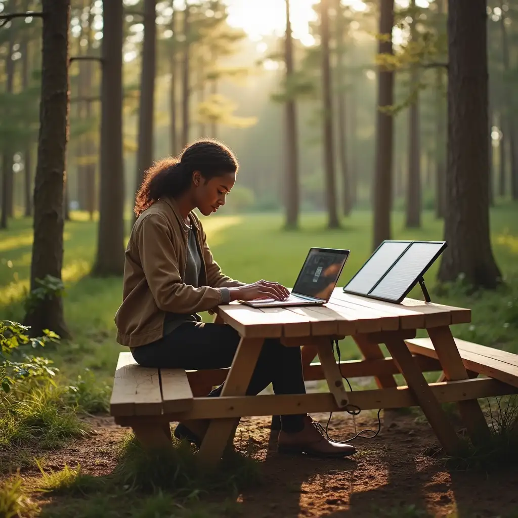 Female Nomad Working on a Laptop at a Wooden Picnic Table in a Forest