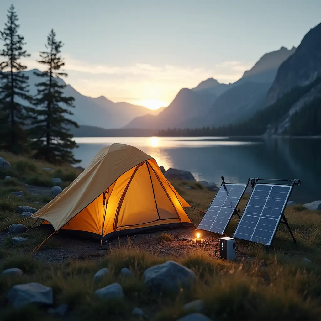 Lakeside Campsite Tent Pitched Portable Solar Power Station