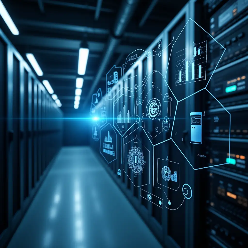 Enterprise IT Infrastructure Rows of Servers and Networking Equipment