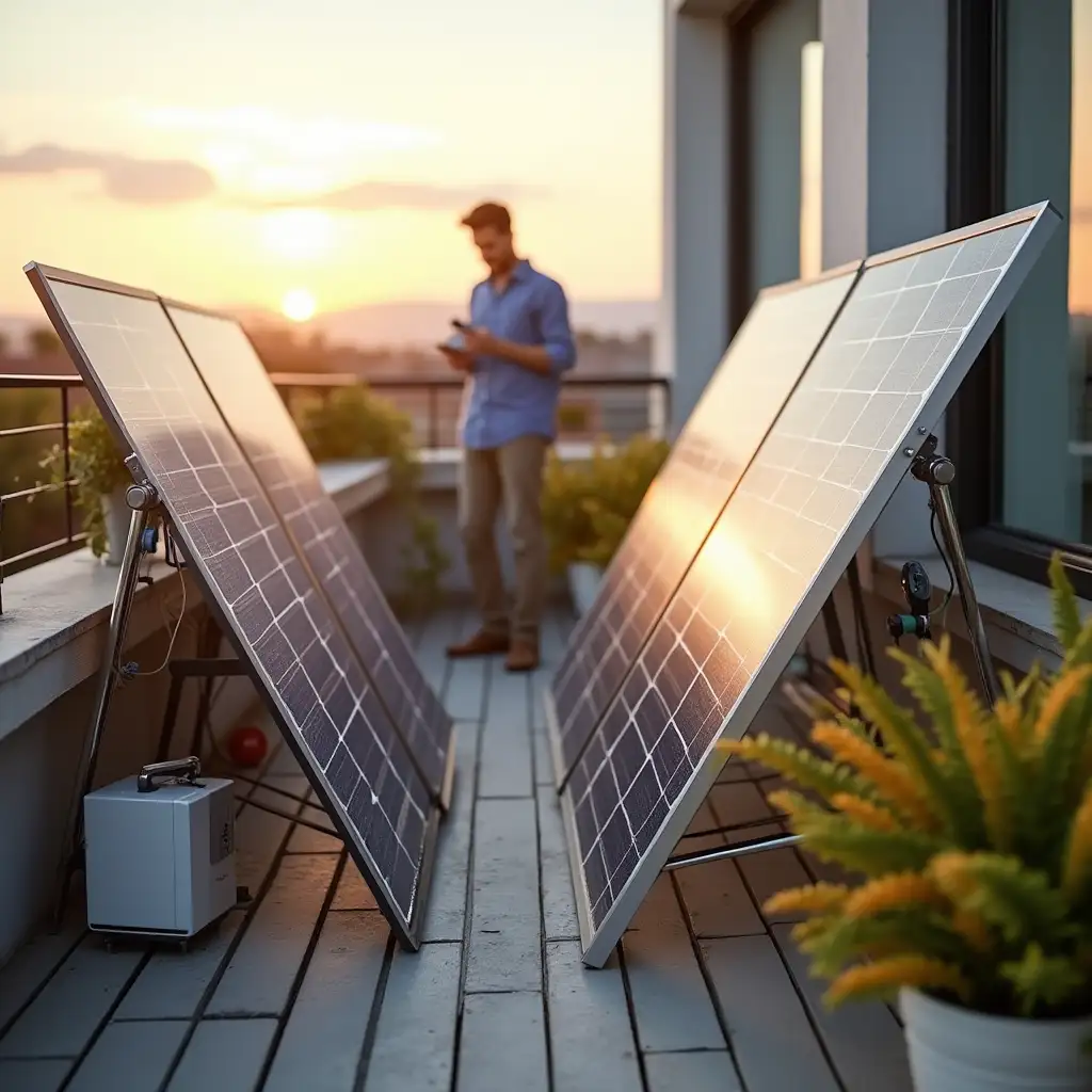 Outdoor Balcony Setup with Foldable Solar Panels