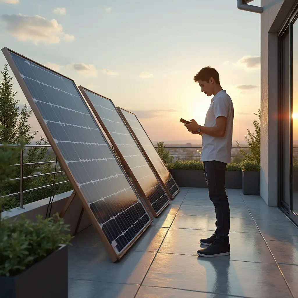 Outdoor Balcony Setup with Foldable Solar Panels