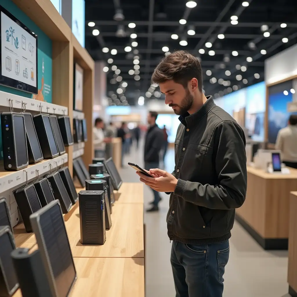 A Shopper in a Modern Electronics Store or Mall Aisle